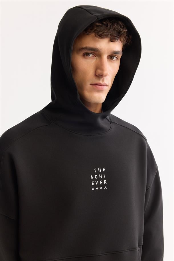 Siyah Bisiklet Yaka Kolay Ütülenen Bi-Stretch Baskılı Sweatshirt