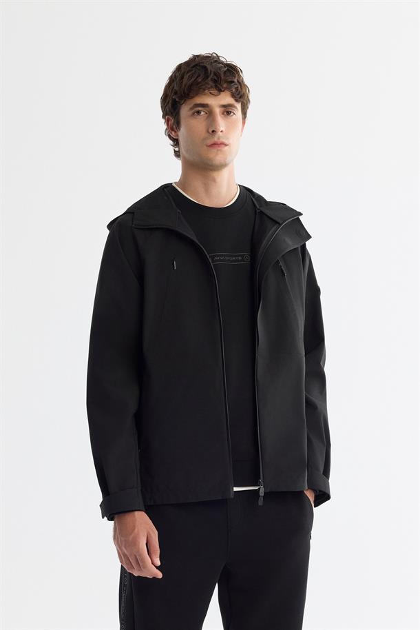 Siyah Kapüşonlu Su İtici Rüzgar Geçirmez Mıknatıs Kapama Mevsimlik Mont