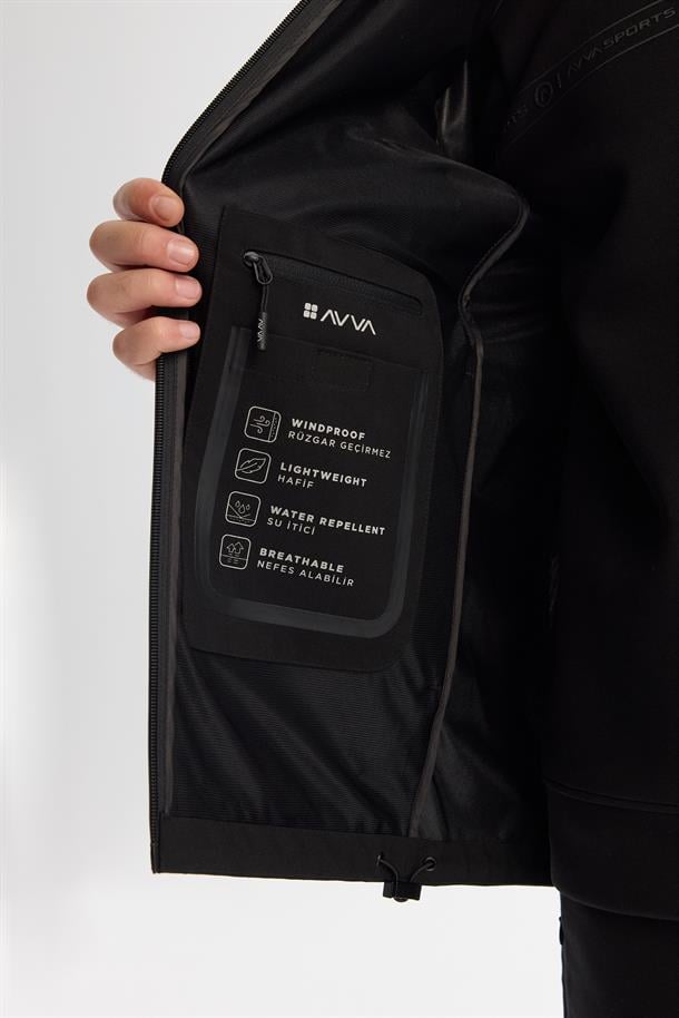 Siyah Kapüşonlu Su İtici Rüzgar Geçirmez Mıknatıs Kapama Mevsimlik Mont