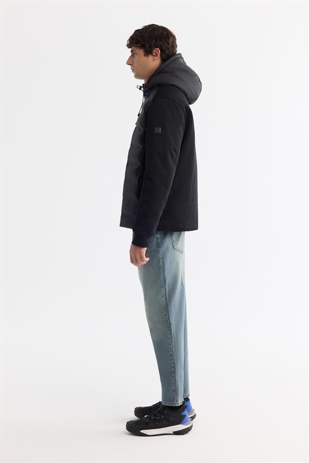 Black Windproof Hooded Padded Jacket