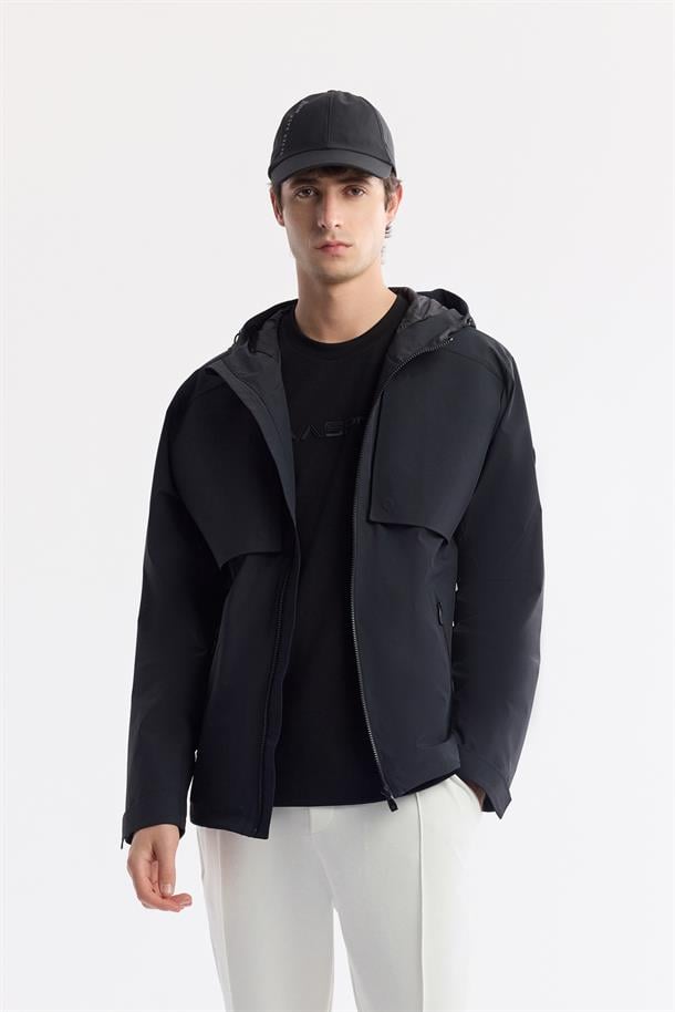Siyah Kapüşonlu Su İtici Rüzgar Geçirmez Mevsimlik Mont