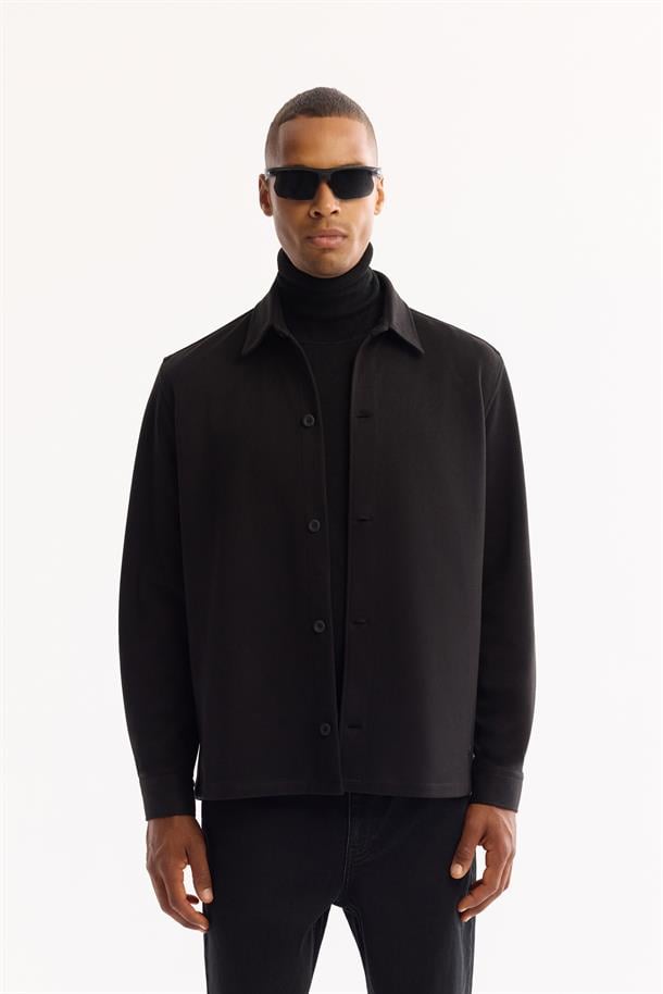 Siyah Kaşe Görünümlü Comfort Fit Uzun Kollu Gömlek Ceket