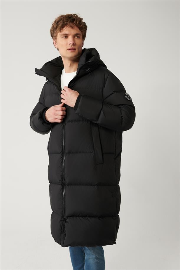 Siyah Kaz Tüyü Su İtici Rüzgar Geçirmez Kapüşonlu Uzun Şişme Kaban