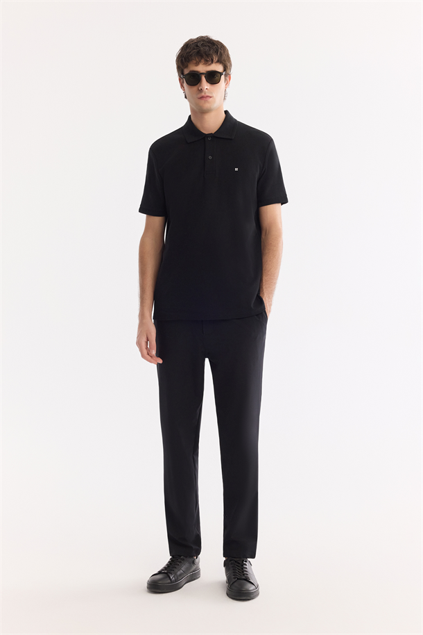 Siyah Kıvrılmaz Polo Yaka %100 Pamuk Basic T-Shirt