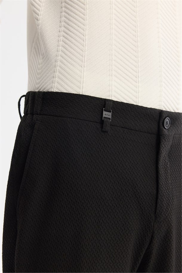 Siyah Klasik Bel Yandan Cepli Dokulu Bi-Stretch Pantolon