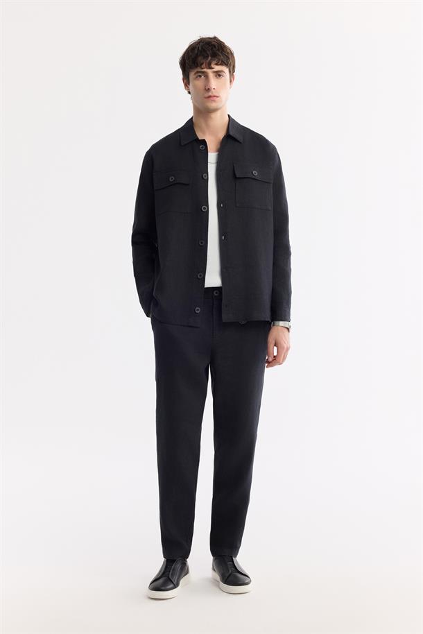 Siyah Klasik Yaka %100 Keten Gömlek Ceket