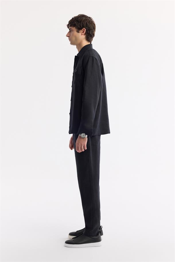 Siyah Klasik Yaka %100 Keten Gömlek Ceket