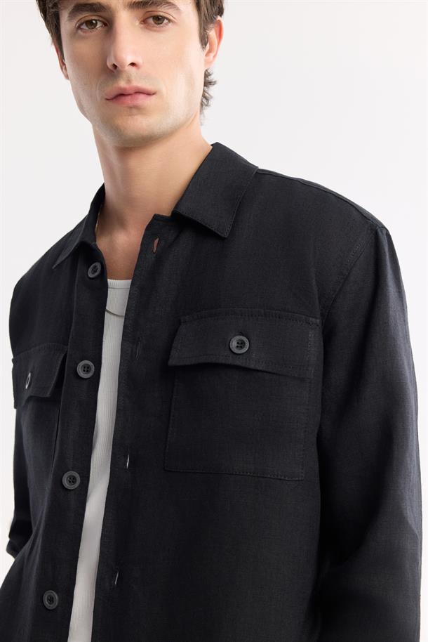 Siyah Klasik Yaka %100 Keten Gömlek Ceket