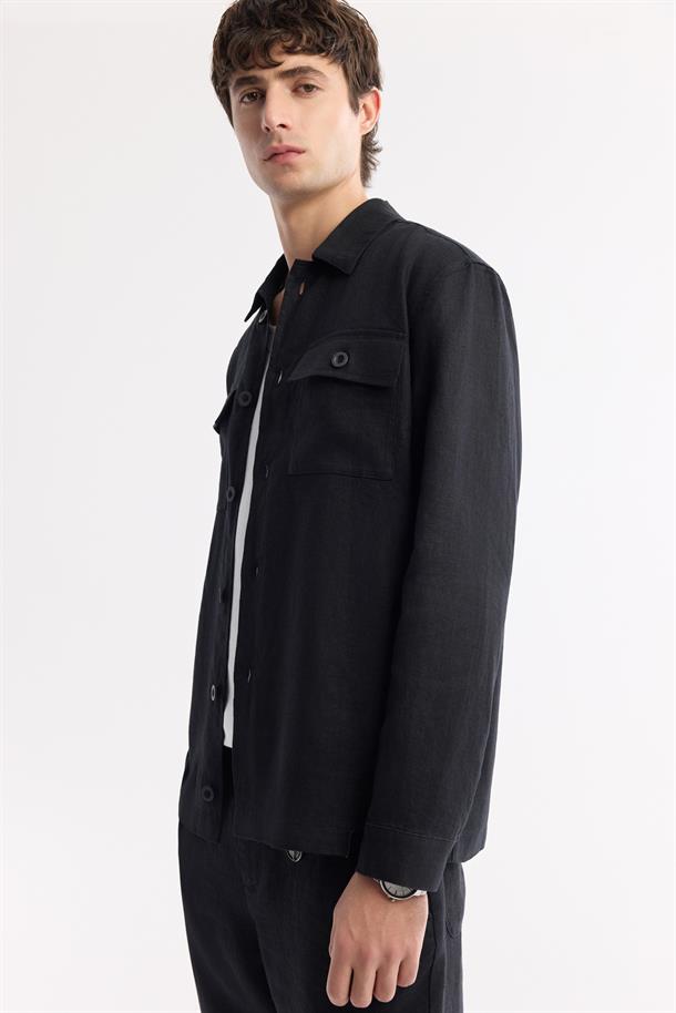 Siyah Klasik Yaka %100 Keten Gömlek Ceket
