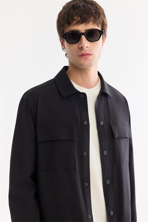 Siyah Klasik Yaka Teknik Kumaş Kırışmayan Gömlek Ceket