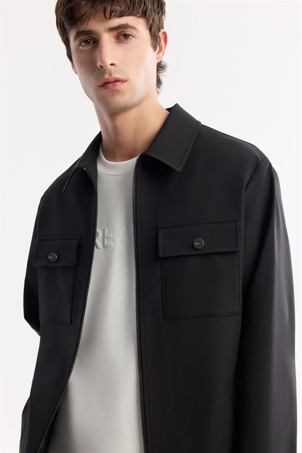 Siyah Klasik Yaka Su İtici Bi Stretch Teknik Kumaş İnce Mont