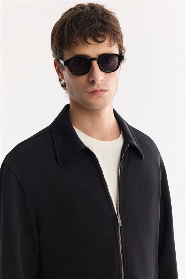 Siyah Klasik Yaka Diyagonel Fermuar Kapama  Örme Gömlek Ceket