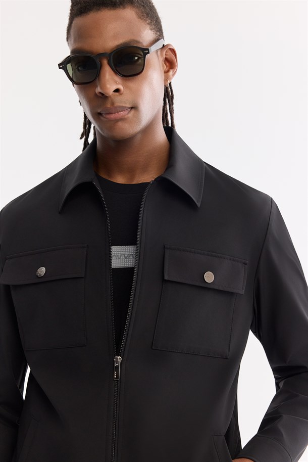 Siyah Klasik Yaka Su İtici Teknik Kumaş Mevsimlik Mont