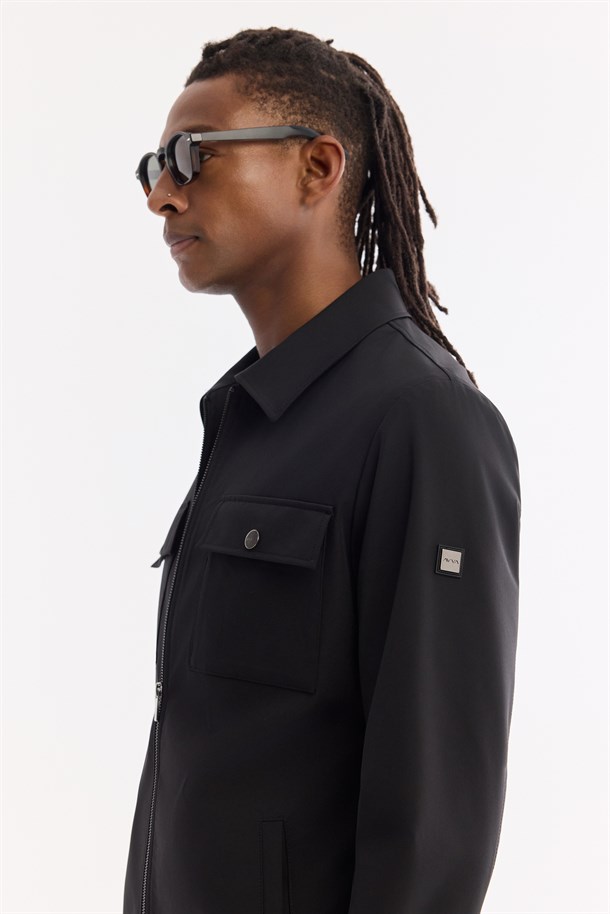 Siyah Klasik Yaka Su İtici Teknik Kumaş Mevsimlik Mont