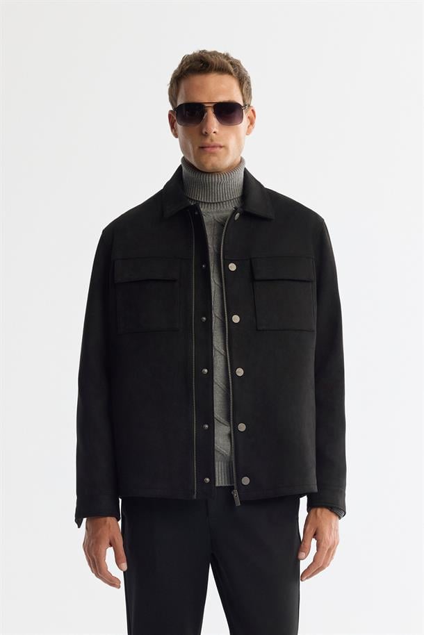 Siyah Klasik Yaka Önü Fermuar ve Çıtçıt Kapama Mevsimlik Mont