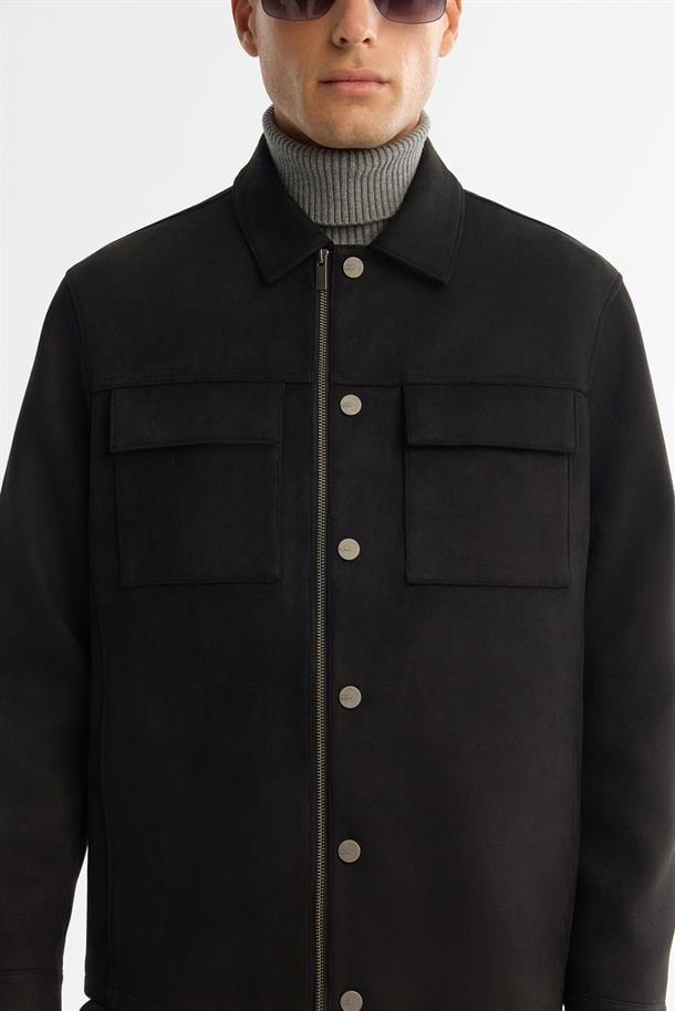 Siyah Klasik Yaka Önü Fermuar ve Çıtçıt Kapama Mevsimlik Mont