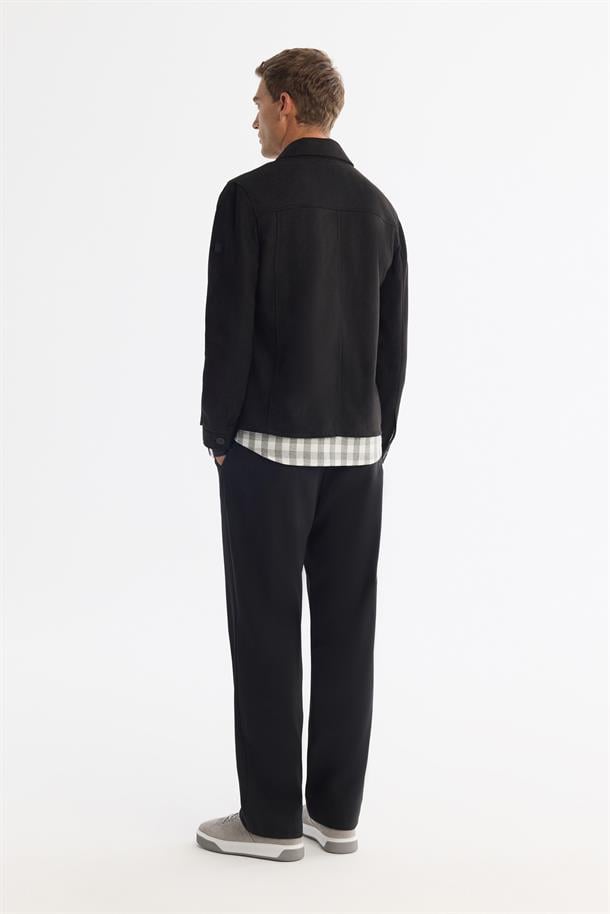 Siyah Klasik Yaka Süet Dokulu Mevsimlik Mont