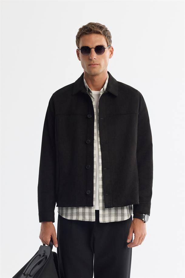 Siyah Klasik Yaka Süet Dokulu Mevsimlik Mont