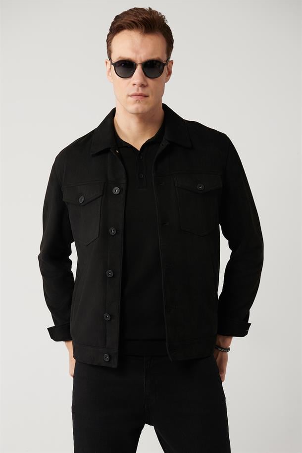 Siyah Klasik Yaka Süet Dokulu Mevsimlik Mont