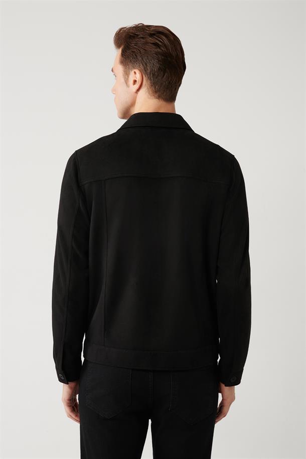 Siyah Klasik Yaka Süet Dokulu Mevsimlik Mont