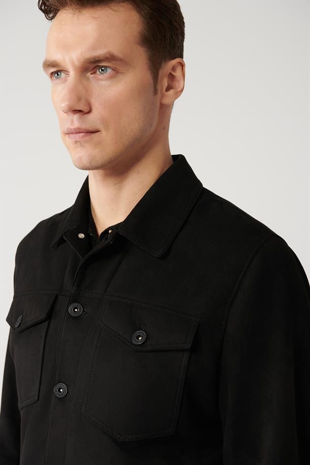 Siyah Klasik Yaka Süet Dokulu Mevsimlik Mont