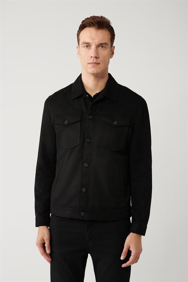 Siyah Klasik Yaka Süet Dokulu Mevsimlik Mont