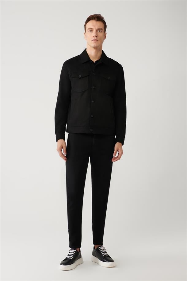 Siyah Klasik Yaka Süet Dokulu Mevsimlik Mont