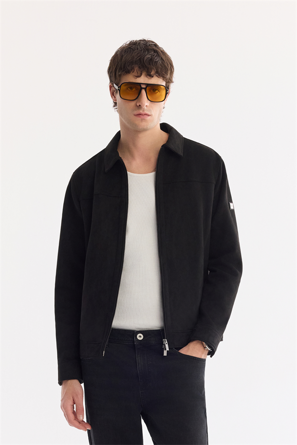 Siyah Klasik Yaka Süet Dokulu Mevsimlik Mont