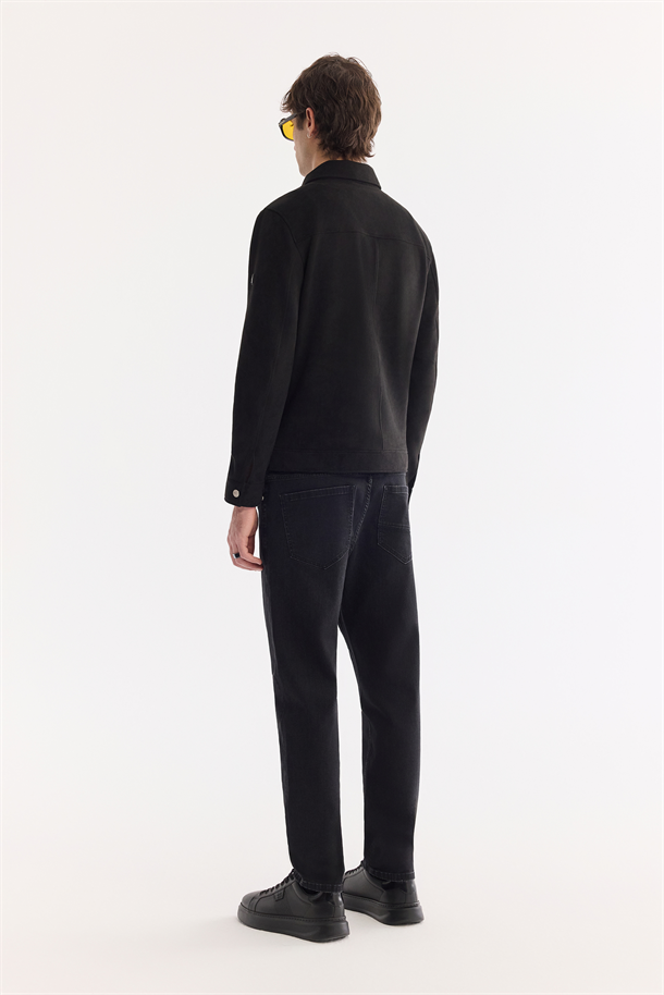 Siyah Klasik Yaka Süet Dokulu Mevsimlik Mont