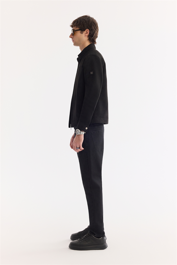 Siyah Klasik Yaka Süet Dokulu Mevsimlik Mont