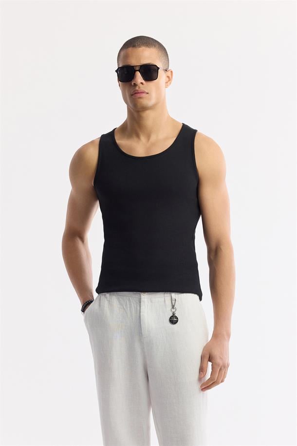 Siyah U Yaka Basic Pamuklu Fitilli Atlet