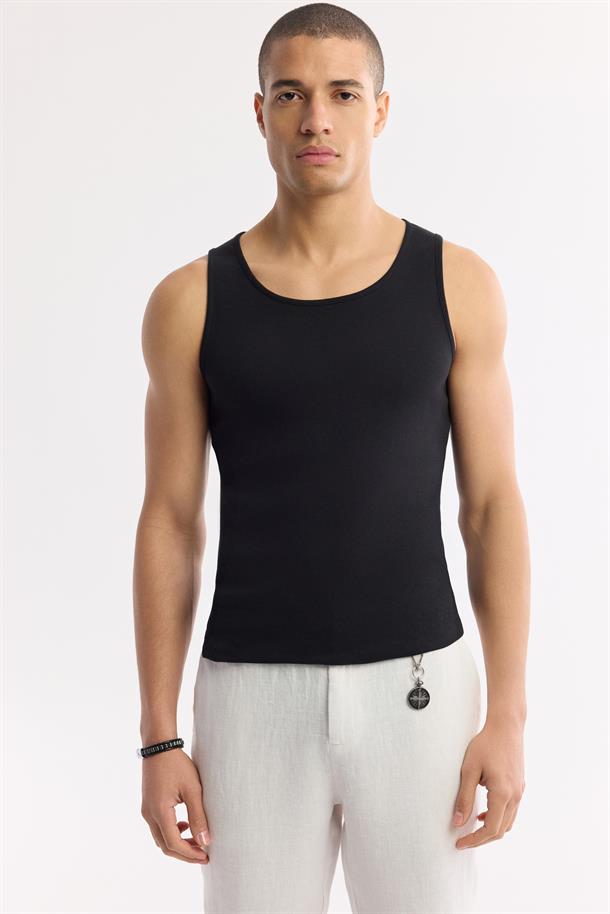 Siyah U Yaka Basic Pamuklu Fitilli Atlet