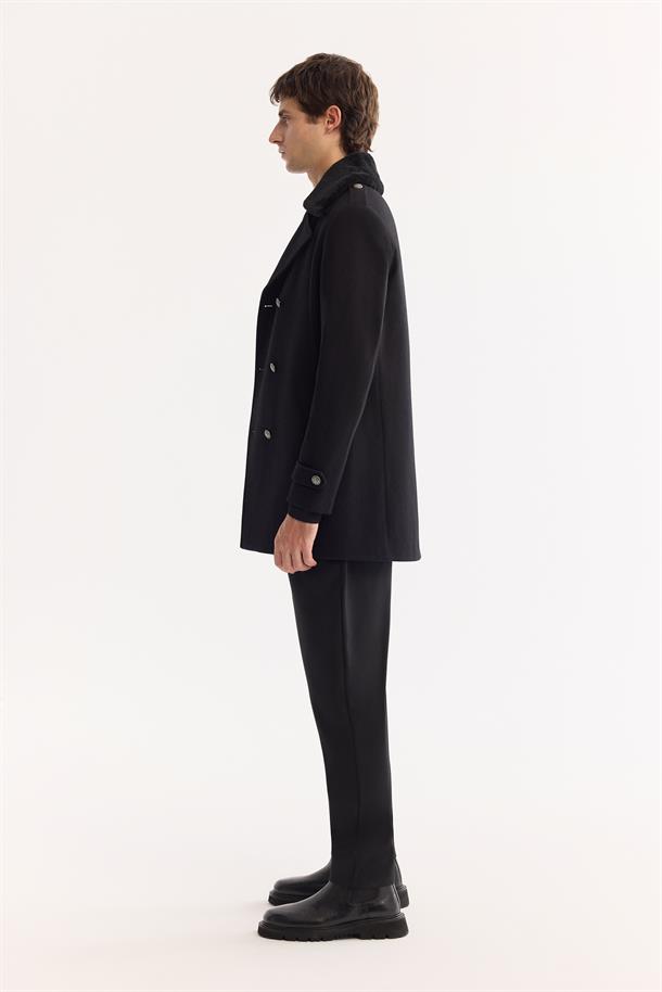 Siyah Kruvaze Yün Karışımlı Kaşe Kaban