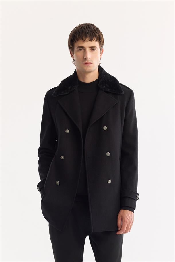 Siyah Kruvaze Yün Karışımlı Kaşe Kaban