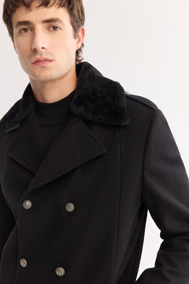 Siyah Kruvaze Yün Karışımlı Kaşe Kaban