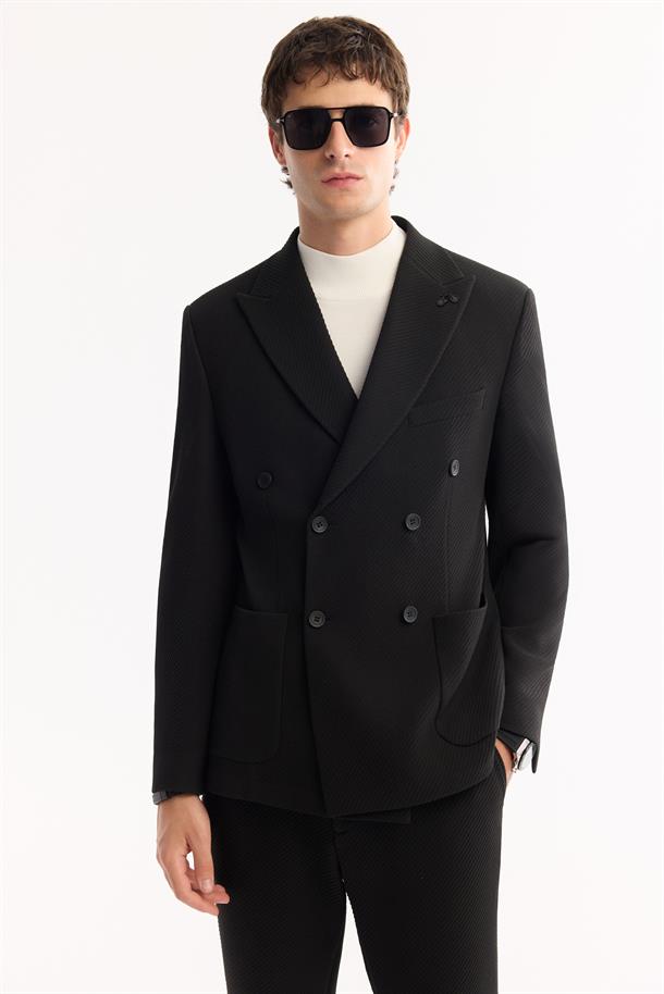 Siyah Kruvaze Bi-Stretch Hafif Dokulu Blazer Ceket