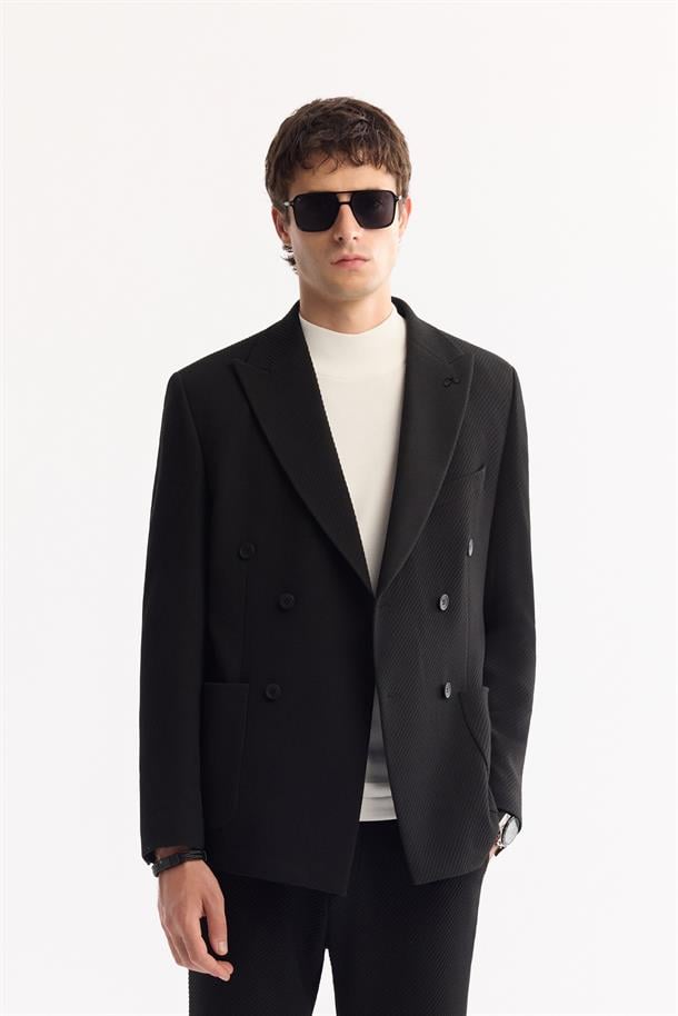 Siyah Kruvaze Bi-Stretch Hafif Dokulu Blazer Ceket