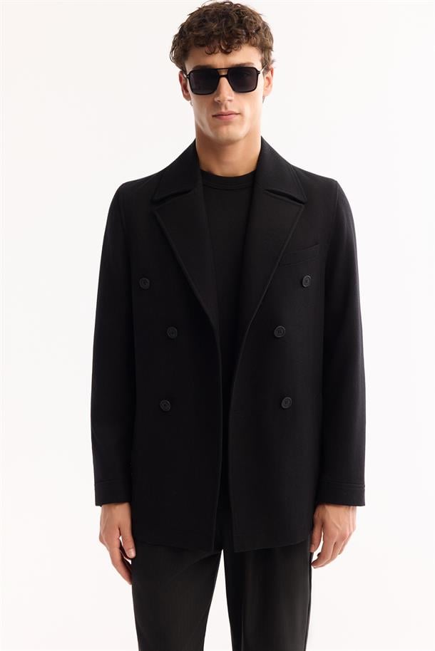 Siyah Kruvaze Yün Karışımlı Astarlı Kaşe Kaban