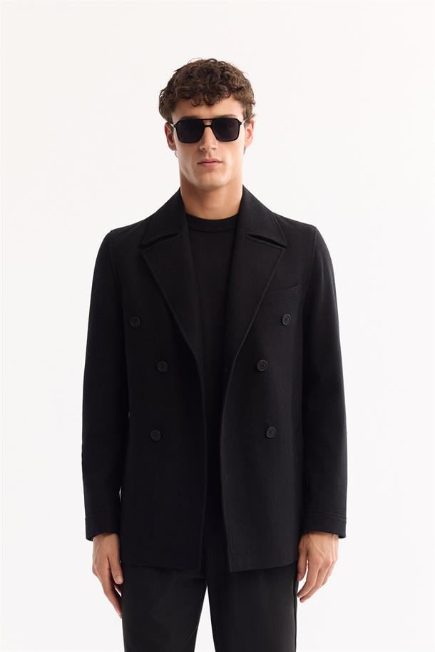 Siyah Kruvaze Yün Karışımlı Astarlı Kaşe Kaban