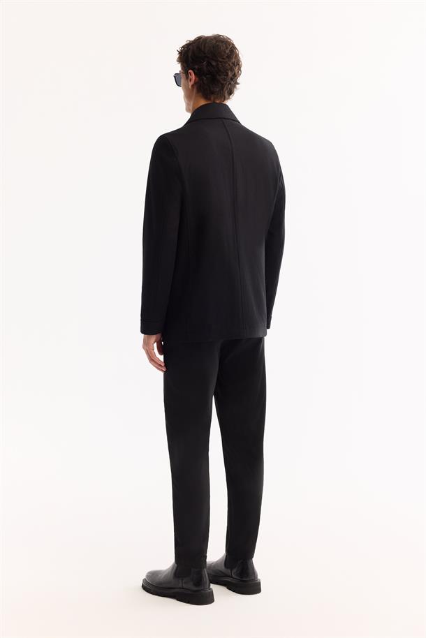 Siyah Kruvaze Yün Karışımlı Astarlı Kaşe Kaban