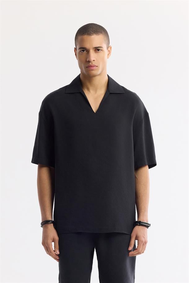 Siyah Polo Yaka Soft Touch Kısa Kol Gömlek