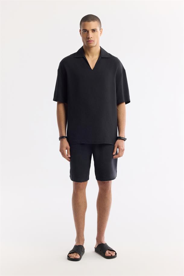 Siyah Polo Yaka Soft Touch Kısa Kol Gömlek