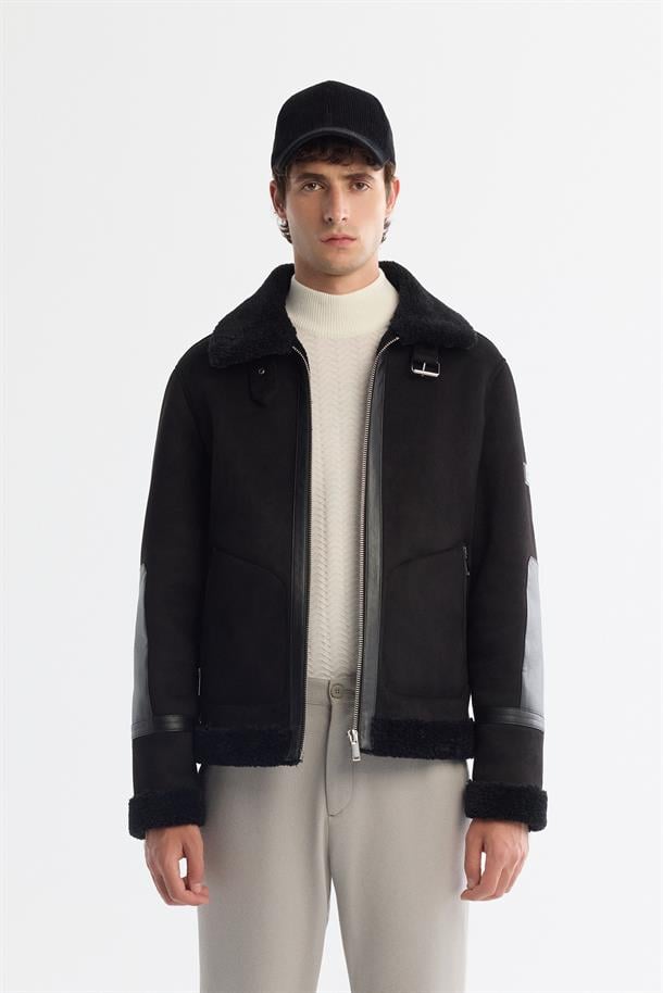 Black Faux Leather Jacket with Shearling Collar