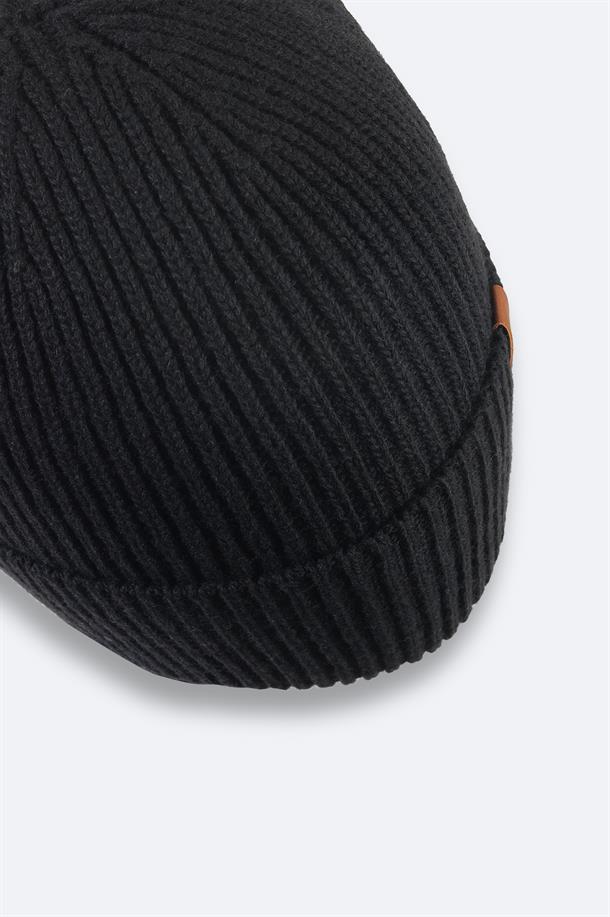 Black Wool Blend Logo Ribbed Beanie