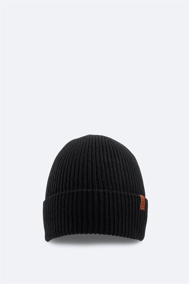Black Wool Blend Logo Ribbed Beanie