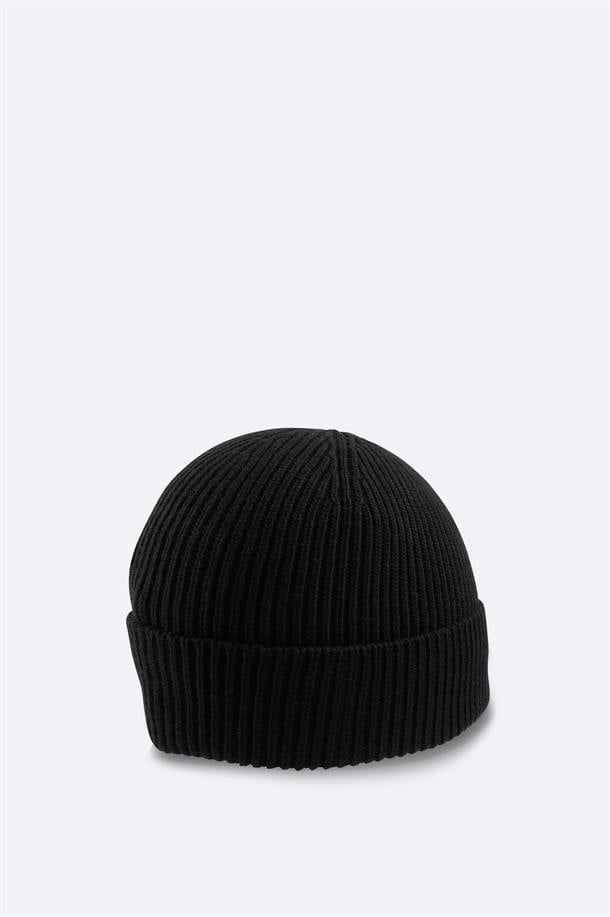 Black Wool Blend Logo Ribbed Beanie