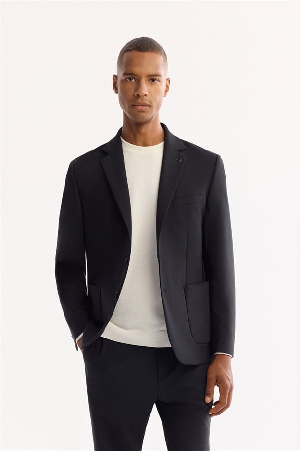 Siyah Mono Yaka Bi-Stretch Su İtici Kırışmaz Teknik Kumaş Blazer Ceket