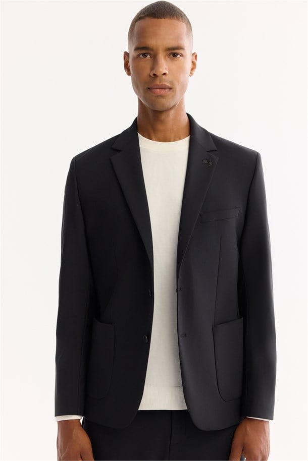 Siyah Mono Yaka Bi-Stretch Su İtici Kırışmaz Teknik Kumaş Blazer Ceket