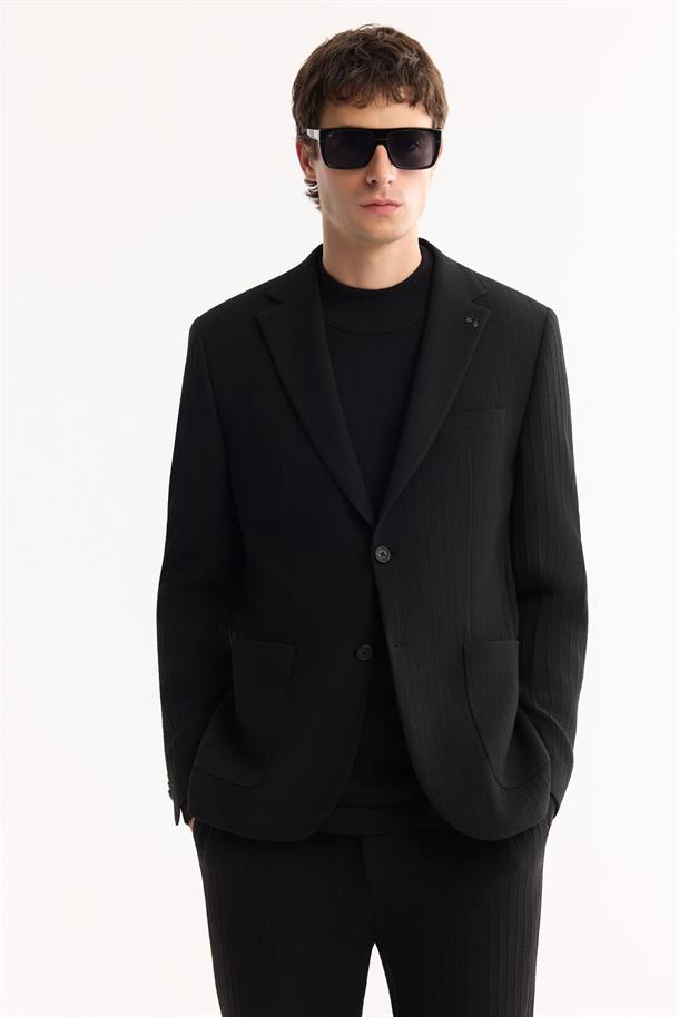 Siyah Mono Yaka Bi-Stretch Hafif Çizgili Blazer Ceket