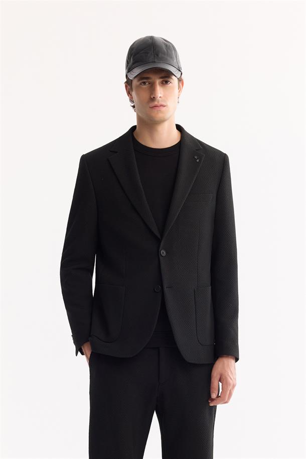 Siyah Mono Yaka Bi-Stretch Hafif Dokulu Blazer Ceket